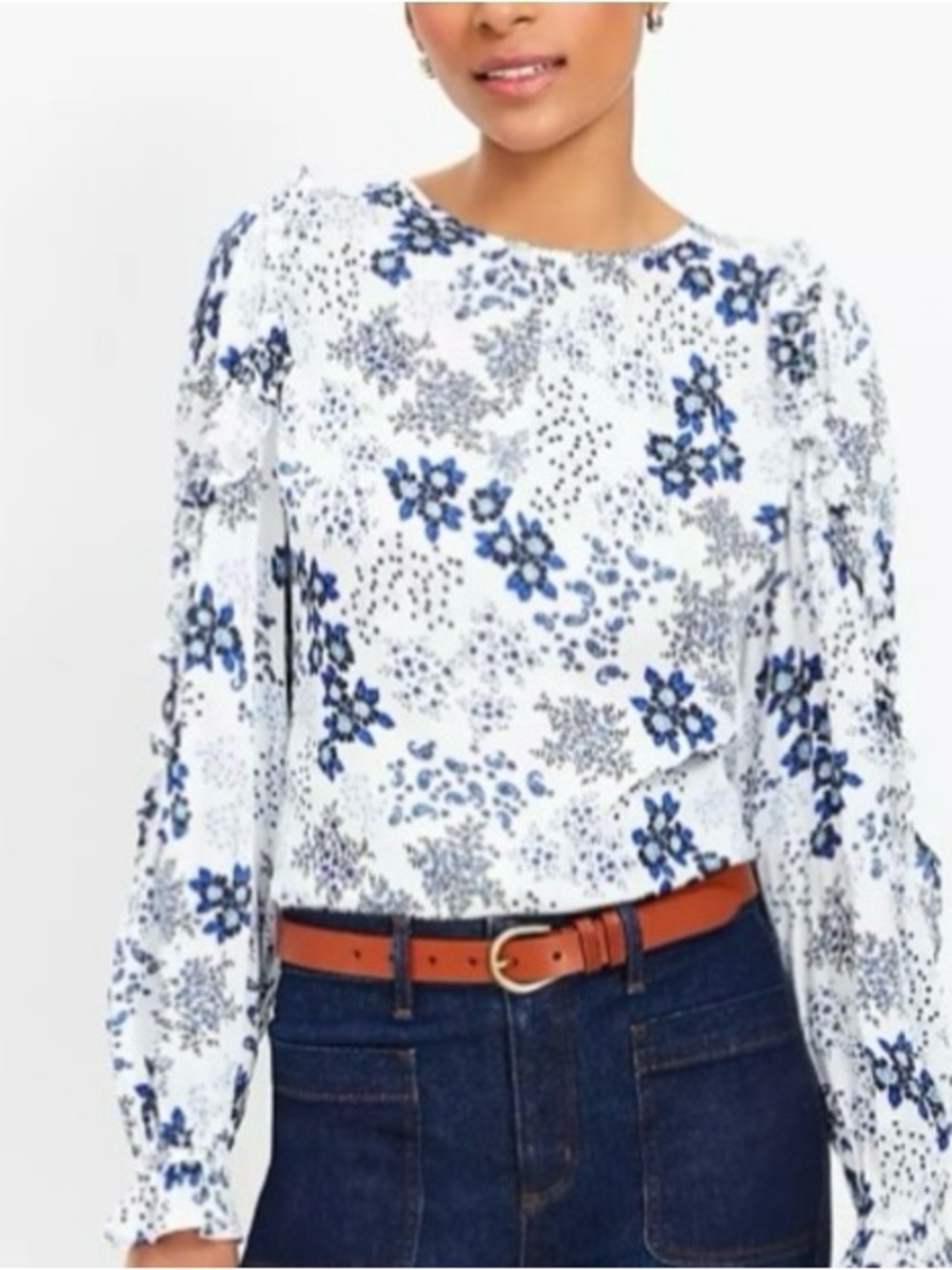 LOFT Floral Mixed Media Ruffle Sleeve Top Size M
